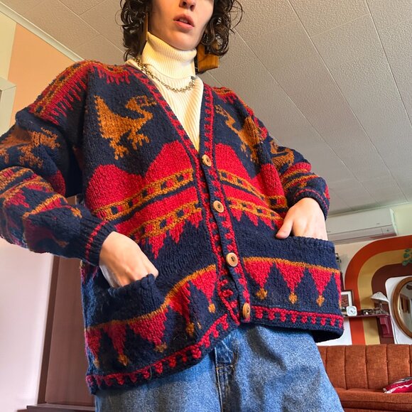 70s 80s 100% pure wool knitted red and blue cardigan - Toshy Made In Bolivia! - Picture 4 of 15